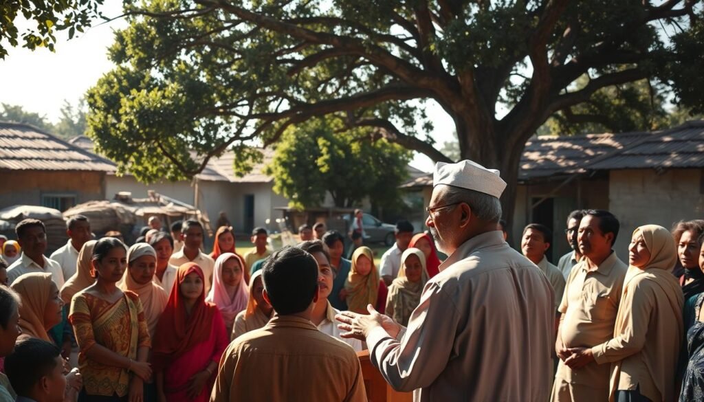 A bustling village square, sun-dappled and alive with activity. In the foreground, a group of villagers gathered around a simple wooden podium, listening intently to a middle-aged man gesticulating passionately - this is the P3PD program in action. The background is framed by humble thatched-roof homes and a towering tree, casting gentle shadows over the scene. The lighting is warm and natural, accentuating the earnest expressions of the participants. A sense of community and purpose pervades the atmosphere, capturing the essence of the "Program P3PD dalam Aksi" - empowering rural leaders to drive sustainable development from the ground up.