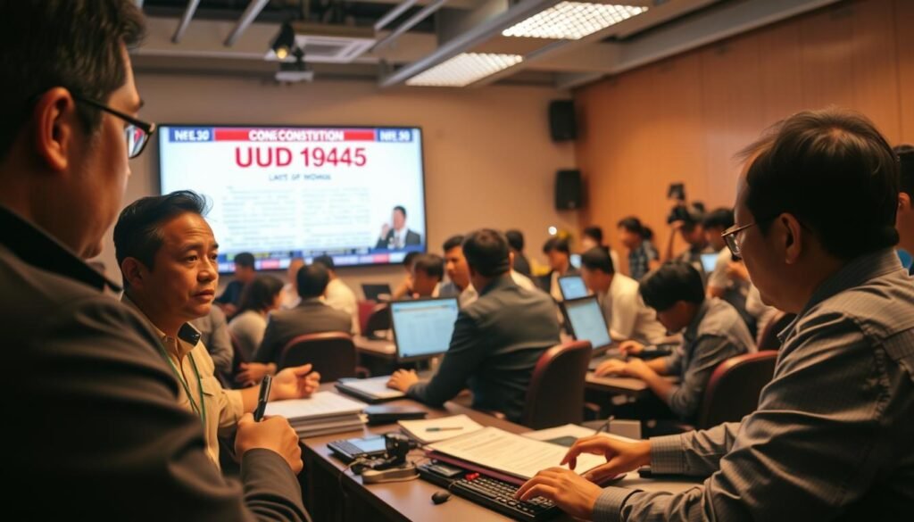 A crowded newsroom, bustling with activity. In the foreground, a reporter earnestly interviews a government official, their expressions captured in sharp focus by a telephoto lens. In the middle ground, editors hunched over desks, fingers flying across keyboards as they craft the day's headlines. In the background, a large, wall-mounted display showcases a live news broadcast, the UUD 1945 (the Constitution of Indonesia) prominently featured. Warm, tungsten lighting casts a golden glow, lending an air of professionalism and urgency to the scene. The overall mood is one of diligence and the weight of responsibility, as the media works to inform the public on the intricacies of this foundational document.