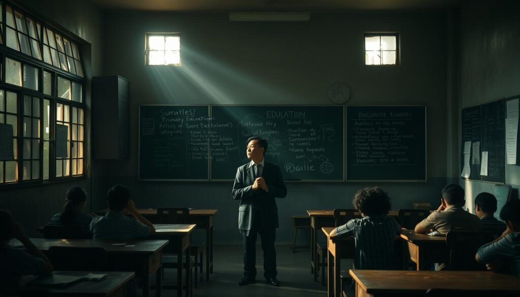 A dimly lit classroom, desks in disarray, students' faces shadowed with worry. Sunlight filters through cracked windows, casting an air of uncertainty. In the foreground, a teacher stands, hands clasped, brow furrowed, contemplating the challenges of primary and secondary education. The middle ground reveals a cluttered chalkboard, covered in hastily scrawled notes and half-erased ideas. In the background, the silhouettes of bureaucrats loom, their decisions looming over the scene. A sense of tension and unease pervades the atmosphere, as the education system grapples with its pressing issues. Soft, dramatic lighting creates a somber, introspective mood, inviting the viewer to ponder the complexities of this critical juncture in Indonesia's educational landscape.