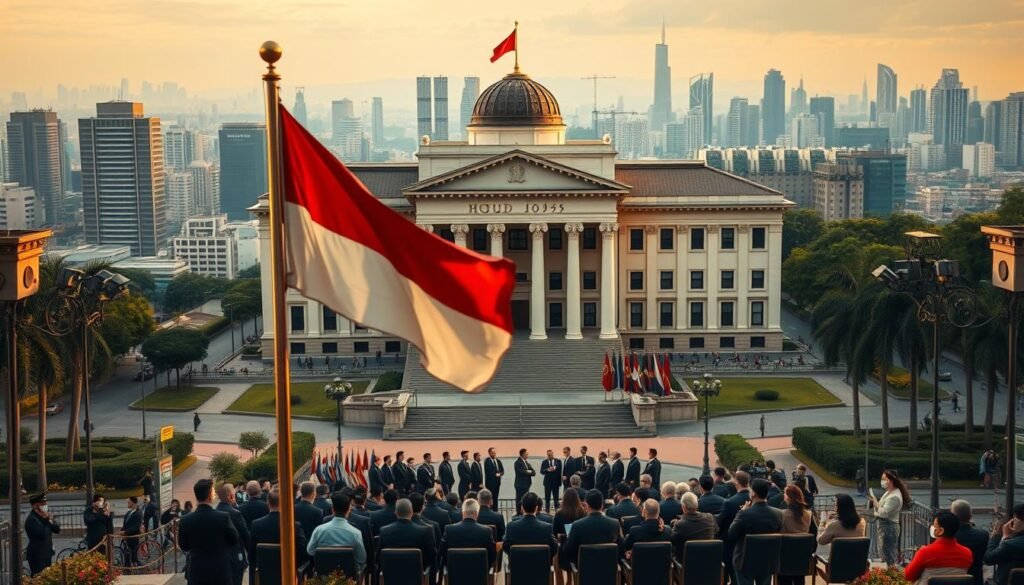 A grand, stately government building stands tall, its neoclassical architecture a symbol of global power and influence. In the foreground, a majestic flag flutters in the breeze, representing the national identity. In the middle ground, a group of world leaders convene, engaged in deep discussion, the weight of their decisions palpable. The background is a panoramic vista of modern skyscrapers and bustling streets, a testament to the interconnectedness of the global community. Warm, golden lighting casts a sense of gravitas, as if this moment will shape the course of history. The scene evokes a sense of both sovereignty and cooperation, where the UUD 1945 holds a pivotal role in Indonesia's global standing.