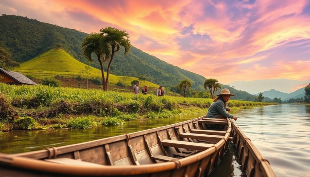 A lush, verdant Indonesian landscape, with a traditional wooden canoe in the foreground, gently floating on a tranquil river. In the middle ground, a group of farmers tend to their bountiful crops, their faces radiating a sense of pride and connection to the land. The background is a blend of rolling hills and a vibrant, digitally enhanced sky, hinting at the power of modern digital content strategies to showcase and celebrate this rich cultural heritage. Warm, natural lighting illuminates the scene, conveying a sense of timelessness and harmony between the analog and digital worlds. The overall composition and mood evoke a feeling of progress, tradition, and the seamless integration of cultural identity with digital innovation.