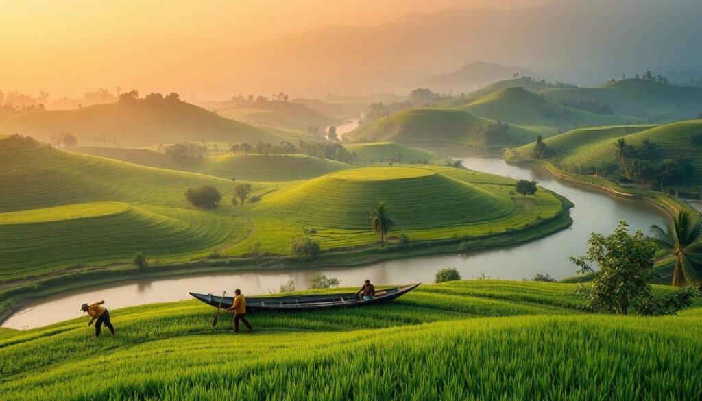A lush, verdant landscape with rolling hills and a serene river winding through. In the foreground, a group of farmers tend to their crops, their movements in sync with the rhythm of the land. The middle ground showcases a traditional Indonesian canoe, its elegant form reflecting the deep connection between the people and their environment. In the background, a hazy, atmospheric sky, bathed in a warm, golden light that casts a gentle, ethereal glow over the entire scene. The image conveys a sense of harmony, where traditional farming practices and modern innovation coexist in a delicate balance, creating an aura of progress and prosperity.