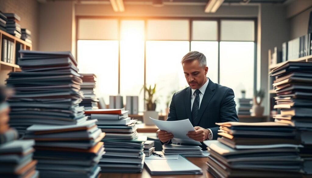 A serene administrative office setting, bathed in warm, natural lighting filtering through large windows. Stacks of organized documents, files, and folders neatly arranged on desks and shelves, symbolizing the careful analysis of administrative processes. Two officials, dressed in formal attire, engaged in a focused discussion, their expressions conveying the gravity of the administrative conflict at hand. The background blurs slightly, directing the viewer's attention to the central figures and the administrative materials they scrutinize. An atmosphere of diligence and thoughtful deliberation permeates the scene.