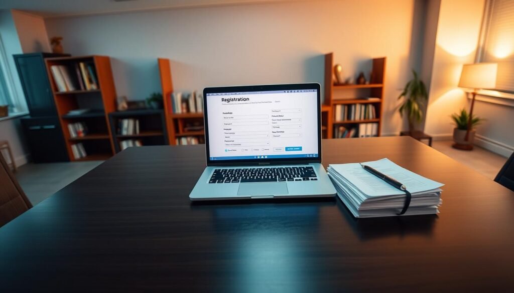 A serene, well-lit office setting, with a large desk at the center. On the desk, a laptop displays an online registration form, its fields neatly organized. To the side, a stack of documents and a pen, signifying the process of application. The background features shelves of books and awards, conveying an academic atmosphere. Subtle warm lighting casts a professional, inviting glow, while the camera angle suggests a bird's-eye view, capturing the entirety of the scene. The overall mood is one of efficiency, attention to detail, and a well-established academic environment.