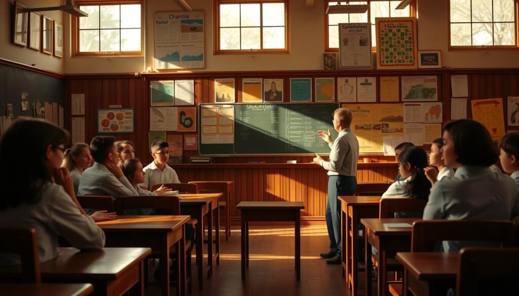 A tranquil classroom setting with wooden desks and chairs, illuminated by warm, natural light filtering through large windows. In the foreground, a teacher stands at the chalkboard, gesturing as they guide a group of attentive students in a discussion on conventional morality. The students, in their school uniforms, listen intently, their expressions reflecting a sense of earnestness and curiosity. In the background, an array of educational posters and charts adorn the walls, creating a scholarly atmosphere. The overall scene conveys a sense of traditional, structured learning, where the transmission of conventional moral values is a central focus.