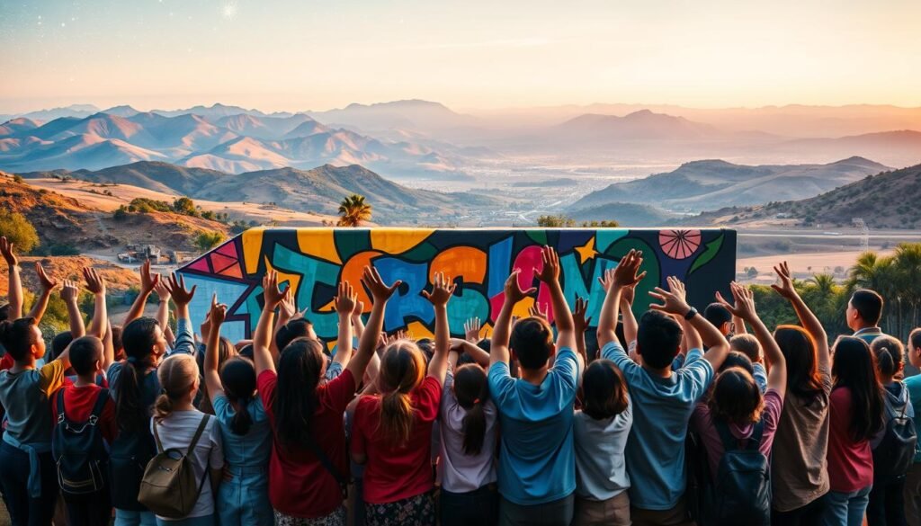 A vibrant composition depicting the participatory universe coming together to realize the vision of education. In the foreground, a diverse group of students, teachers, and community members stand united, their hands raised in a collaborative gesture. The middle ground features a striking mural, its bold colors and abstract patterns symbolizing the multifaceted nature of education. In the background, a panoramic landscape unfolds, with rolling hills, towering mountains, and a vast, starry sky, representing the boundless potential of the educational journey. Warm, diffused lighting casts a sense of optimism and inspiration, while the composition is framed with a cinematic, wide-angle lens to convey the grand scale of this transformative endeavor.