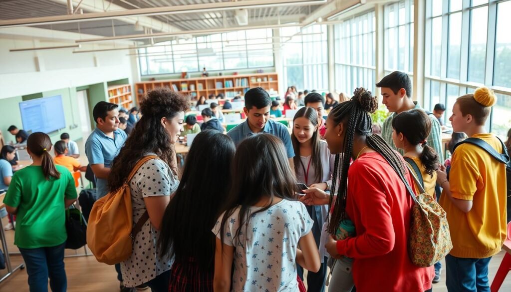 A vibrant scene of collaborative education unfolding. In the foreground, diverse students engage in animated discussions, sharing ideas and working together on projects. The middle ground features an inclusive classroom setting, with an array of educational materials and technologies enabling interactive learning. In the background, a panoramic view of a modern, well-equipped educational facility, with natural light streaming in through large windows, creating a warm, inviting atmosphere. The overall mood conveys a sense of dynamic collaboration, intellectual curiosity, and a shared commitment to quality education for all.