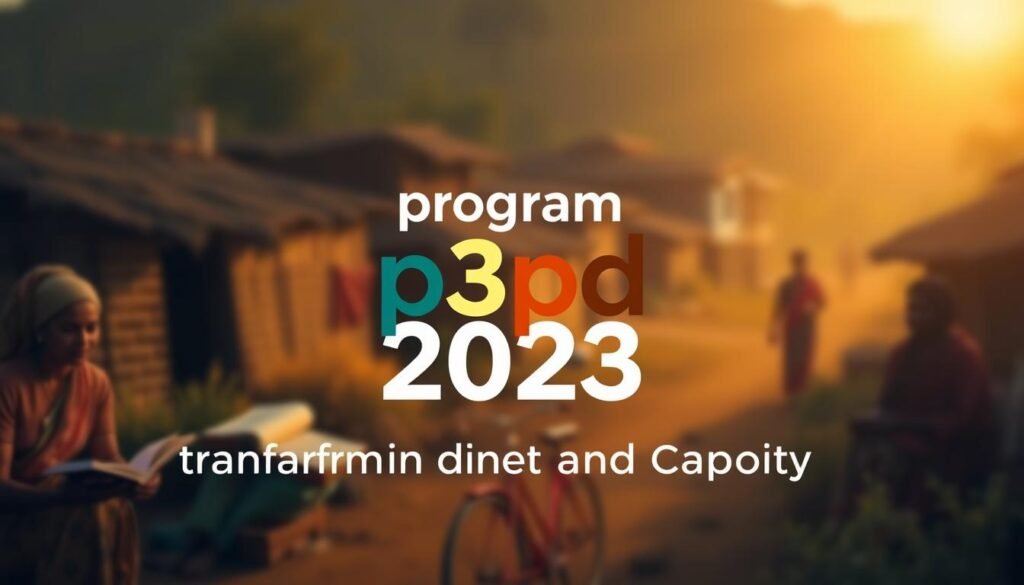 A well-lit, detailed rendering of the "program p3pd 2023" logo in the foreground, set against a blurred background of a rural village scene. The logo should be prominently displayed, capturing the essence of the program's goal to transform the mindset and capacity of village leaders. Use a warm, earthy color palette to convey a sense of community and progress. Incorporate subtle elements that suggest the program's focus on education and empowerment, such as open books or silhouettes of people in thoughtful poses. The overall composition should have a harmonious, aspirational tone that aligns with the section title "Program P3PD: Transforming Mindset and Capacity".