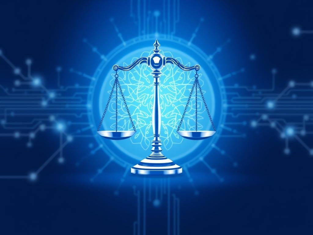 AI ethics and governance visualization showing balanced scales with AI elements and ethical principles