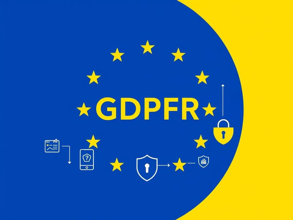 GDPR compliance and data privacy visualization showing EU flag and digital protection elements