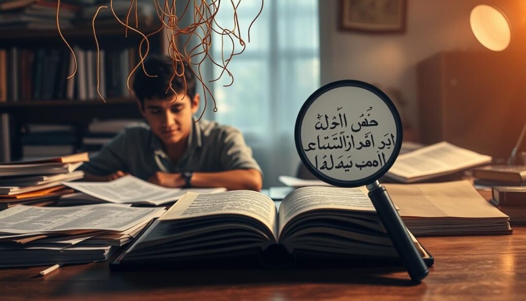 A dimly lit study desk, littered with scattered books, papers, and a confused expression on a student's face. The foreground showcases the struggle with Arabic grammar, represented by tangled strings and symbols floating above the desk. In the middle ground, a magnifying glass examines the intricate details of a complex Arabic script, while the background fades into a hazy, contemplative atmosphere, conveying the challenges of mastering the nuances of Nahwu and Sharaf. Soft, warm lighting creates a sense of focus and determination, as the student navigates the complexities of this ancient linguistic discipline.