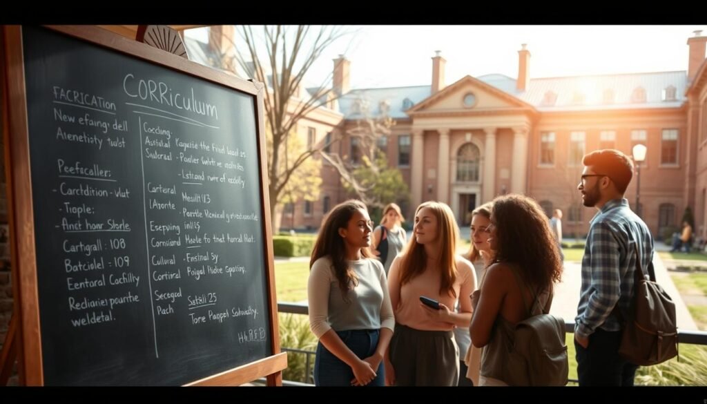 A serene academic setting, with a chalkboard displaying a detailed curriculum outline in the foreground. In the middle ground, students of diverse backgrounds engaged in thoughtful discussions, their faces radiating intellectual curiosity. The background features a sun-dappled courtyard, flanked by stately brick buildings, symbolizing the nurturing environment of a prestigious educational institution. Soft, warm lighting casts a contemplative glow, conveying the importance of individual growth within the context of a well-rounded curriculum. The overall scene reflects the pivotal role of education in shaping the development of the individual.
