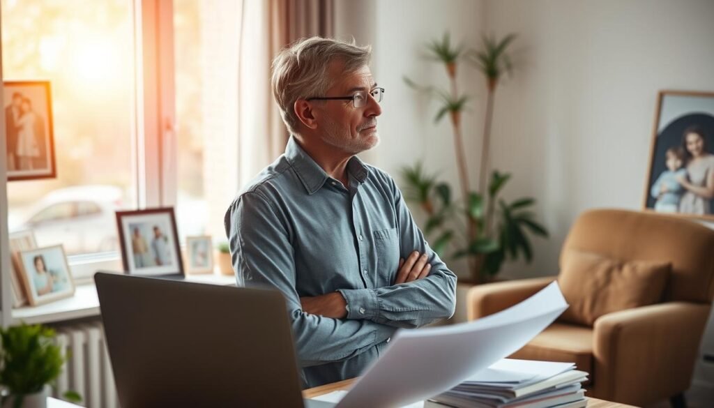 A serene middle-aged adult in a thoughtful pose, standing amidst a harmonious balance of work and life elements. The figure is bathed in warm, natural lighting from a window, creating a sense of introspection. In the foreground, a laptop and papers symbolize professional responsibilities, while family photos, a potted plant, and a cozy armchair in the background represent personal fulfillment. The composition conveys a tranquil atmosphere, reflecting the individual's ability to maintain a healthy work-life equilibrium during the middle adulthood stage.