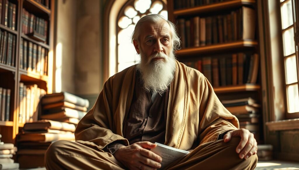 A venerable scholar sits cross-legged, garbed in traditional robes, deep in contemplation. Sunlight filters through a window, casting a warm glow upon his weathered face. Shelves of ancient tomes line the walls, hinting at a lifetime of study and wisdom. His expression is serene, conveying a sense of profound understanding of the complexities of Arabic grammar. The room's atmosphere is one of reverence and intellectual rigor, befitting a respected guru of nahwu.