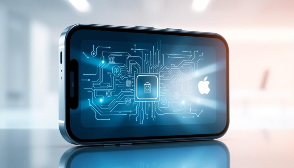 A detailed and imaginative illustration of the architecture behind the iOS camera auto-lock feature. In the foreground, show a sleek, modern iPhone with a high-resolution display demonstrating the camera interface. In the middle, depict an abstract representation of the underlying technology, including circuit patterns, data flow lines, and icons symbolizing features like motion sensors and image stabilization. The background should feature a soft, gradient glow that suggests innovation and technology, with subtle hints of a laboratory or tech workspace environment. Use diffused lighting to create a clean, professional look, emphasizing the advanced engineering of the iOS system. Aim for a futuristic atmosphere that reflects the sophistication of Apple's technology, evoking a sense of reliability and precision. A detailed and imaginative illustration of the architecture behind the iOS camera auto-lock feature. In the foreground, show a sleek, modern iPhone with a high-resolution display demonstrating the camera interface. In the middle, depict an abstract representation of the underlying technology, including circuit patterns, data flow lines, and icons symbolizing features like motion sensors and image stabilization. The background should feature a soft, gradient glow that suggests innovation and technology, with subtle hints of a laboratory or tech workspace environment. Use diffused lighting to create a clean, professional look, emphasizing the advanced engineering of the iOS system. Aim for a futuristic atmosphere that reflects the sophistication of Apple's technology, evoking a sense of reliability and precision.