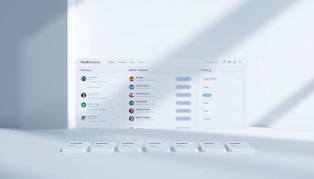 A meticulously planned notification dashboard in a minimalist, modern style. In the foreground, a series of customizable notification channels with intuitive icons and labels, seamlessly organized. The middle ground showcases a clean, responsive user interface with precise controls for managing channel settings and prioritization. In the background, a subtle grid pattern or geometric shapes provide a sense of structure and balance. Soft, diffused lighting creates a calming, professional atmosphere, with a color palette of muted blues, grays, and whites. The overall composition emphasizes simplicity, efficiency, and user-centric design, conveying the idea of an effective, distraction-free notification management system. A meticulously planned notification dashboard in a minimalist, modern style. In the foreground, a series of customizable notification channels with intuitive icons and labels, seamlessly organized. The middle ground showcases a clean, responsive user interface with precise controls for managing channel settings and prioritization. In the background, a subtle grid pattern or geometric shapes provide a sense of structure and balance. Soft, diffused lighting creates a calming, professional atmosphere, with a color palette of muted blues, grays, and whites. The overall composition emphasizes simplicity, efficiency, and user-centric design, conveying the idea of an effective, distraction-free notification management system.