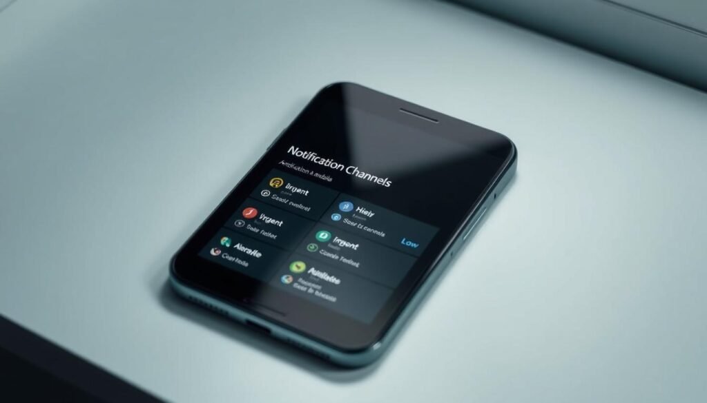 A modern Android smartphone interface with a clean, minimalist design. In the center, a visually distinct "Notification Channels" section showcases a series of labeled channels, each with a unique icon and level of importance, ranging from "Urgent" to "Low". The channels are arranged in a grid layout, allowing the user to quickly identify and prioritize different types of notifications. The overall atmosphere is one of calm and control, with a soft, muted color palette and gentle lighting from above, casting subtle shadows and highlights on the interface elements. The image should convey the idea of organized, customizable notification management on an Android device. A modern Android smartphone interface with a clean, minimalist design. In the center, a visually distinct "Notification Channels" section showcases a series of labeled channels, each with a unique icon and level of importance, ranging from "Urgent" to "Low". The channels are arranged in a grid layout, allowing the user to quickly identify and prioritize different types of notifications. The overall atmosphere is one of calm and control, with a soft, muted color palette and gentle lighting from above, casting subtle shadows and highlights on the interface elements. The image should convey the idea of organized, customizable notification management on an Android device.