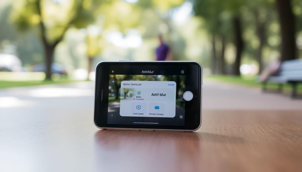 A sleek and modern iOS device displaying the Shortcuts app interface prominently in the foreground, with visually engaging icons representing anti-blur settings and camera functions. The background features a blurred park landscape, emphasizing motion to illustrate the need for anti-blur functionality. Soft, natural lighting highlights the device's screen, creating a sharp contrast with the blurred elements behind it. The angle focuses on the screen, capturing the vibrant colors of the app, while ensuring a clean workspace is visible. The mood is professional yet accessible, inviting readers to explore the technology for enhanced photography control on their devices. A sleek and modern iOS device displaying the Shortcuts app interface prominently in the foreground, with visually engaging icons representing anti-blur settings and camera functions. The background features a blurred park landscape, emphasizing motion to illustrate the need for anti-blur functionality. Soft, natural lighting highlights the device's screen, creating a sharp contrast with the blurred elements behind it. The angle focuses on the screen, capturing the vibrant colors of the app, while ensuring a clean workspace is visible. The mood is professional yet accessible, inviting readers to explore the technology for enhanced photography control on their devices.
