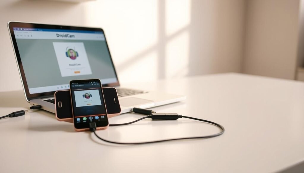 A sleek and modern laptop resting on a minimalist desk, its screen displaying the DroidCam application interface. In the foreground, a smartphone is connected via USB cable, its camera and microphone being used as a wireless webcam and audio source for the laptop. The lighting is soft and natural, creating a professional, productive atmosphere. The overall composition emphasizes the seamless integration of mobile and desktop technology, capturing the essence of the "DroidCam virtual audio" experience. A sleek and modern laptop resting on a minimalist desk, its screen displaying the DroidCam application interface. In the foreground, a smartphone is connected via USB cable, its camera and microphone being used as a wireless webcam and audio source for the laptop. The lighting is soft and natural, creating a professional, productive atmosphere. The overall composition emphasizes the seamless integration of mobile and desktop technology, capturing the essence of the "DroidCam virtual audio" experience.