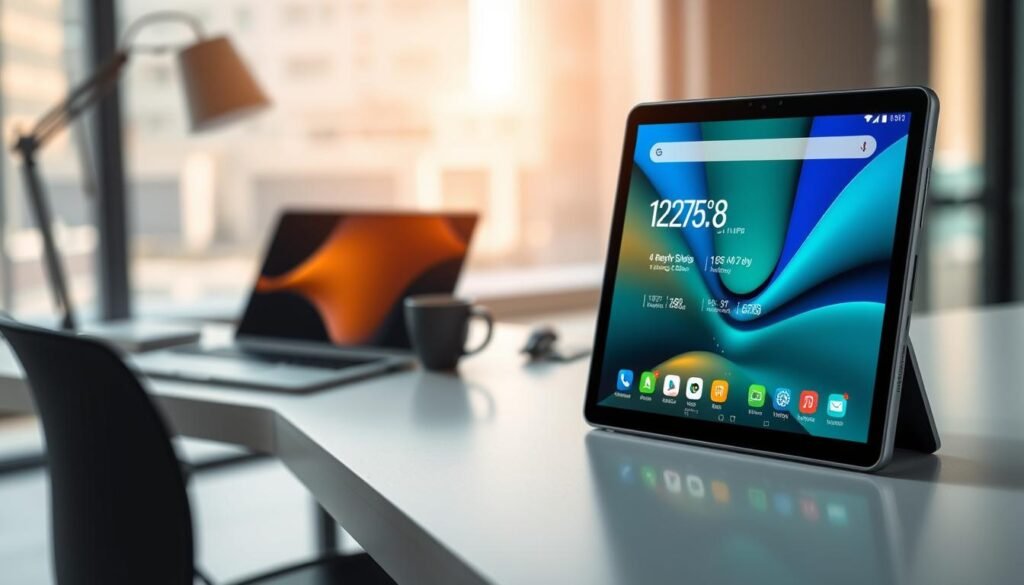 A sleek, high-end tablet, the Poco Pad M1, prominently displayed in the foreground. The tablet features a modern design with a large, vibrant touchscreen, showcasing its colorful interface and apps. Add detailed technical specifications on the screen, like display size, battery life, and processing power, illustrated in an engaging way. In the middle ground, a blurred workspace featuring a minimalist desk setup with stylish accessories, such as a laptop and coffee cup, creating a professional atmosphere. Use soft, natural lighting to enhance the tablet’s sleek finish, with a shallow depth of field that emphasizes the device. The background includes a softly blurred urban environment, hinting at a tech-savvy lifestyle. The mood is contemporary and sophisticated, perfect for showcasing cutting-edge technology. A sleek, high-end tablet, the Poco Pad M1, prominently displayed in the foreground. The tablet features a modern design with a large, vibrant touchscreen, showcasing its colorful interface and apps. Add detailed technical specifications on the screen, like display size, battery life, and processing power, illustrated in an engaging way. In the middle ground, a blurred workspace featuring a minimalist desk setup with stylish accessories, such as a laptop and coffee cup, creating a professional atmosphere. Use soft, natural lighting to enhance the tablet’s sleek finish, with a shallow depth of field that emphasizes the device. The background includes a softly blurred urban environment, hinting at a tech-savvy lifestyle. The mood is contemporary and sophisticated, perfect for showcasing cutting-edge technology.