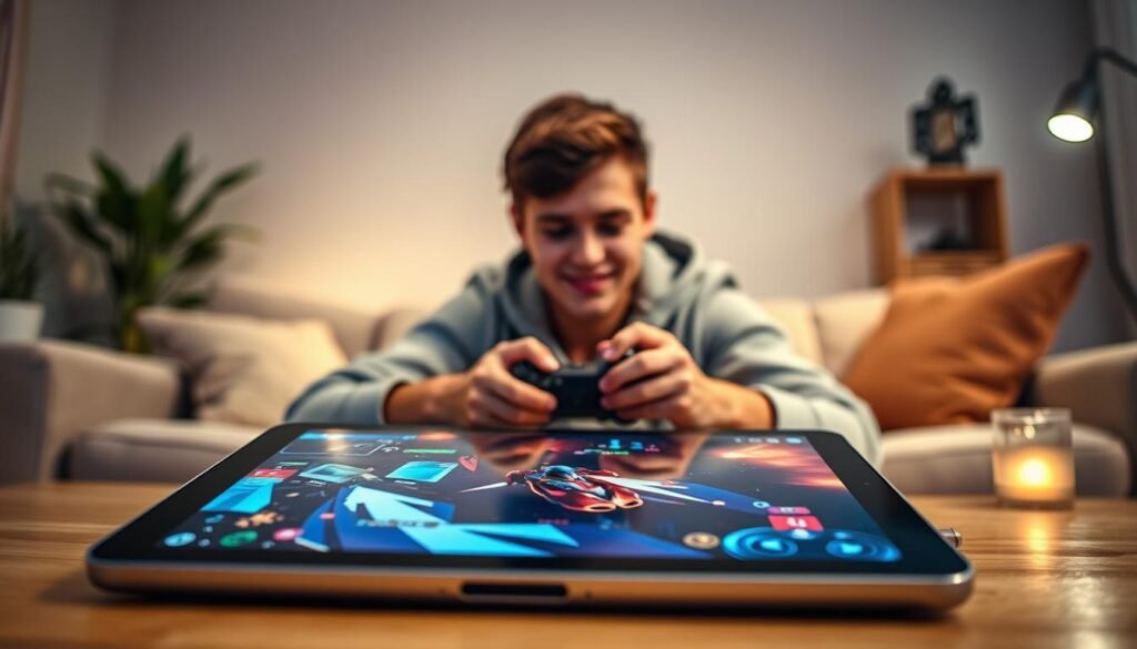 A sleek, modern tablet sits prominently in the foreground, displaying a vibrant, action-packed gaming scene. The screen is illuminated with colorful graphics, capturing the essence of gaming and multimedia entertainment. In the middle ground, a young adult dressed in casual, stylish clothing is engrossed in gameplay, their expression showing excitement and focus. Soft ambient lighting enhances the scene, with a gentle glow reflecting off the tablet's surface. In the background, a cozy living room setting can be seen, complete with a plush sofa and decorative elements that suggest a warm, inviting atmosphere. The overall mood is dynamic and engaging, highlighting the tablet as an essential device for gaming and multimedia experiences. A sleek, modern tablet sits prominently in the foreground, displaying a vibrant, action-packed gaming scene. The screen is illuminated with colorful graphics, capturing the essence of gaming and multimedia entertainment. In the middle ground, a young adult dressed in casual, stylish clothing is engrossed in gameplay, their expression showing excitement and focus. Soft ambient lighting enhances the scene, with a gentle glow reflecting off the tablet's surface. In the background, a cozy living room setting can be seen, complete with a plush sofa and decorative elements that suggest a warm, inviting atmosphere. The overall mood is dynamic and engaging, highlighting the tablet as an essential device for gaming and multimedia experiences.