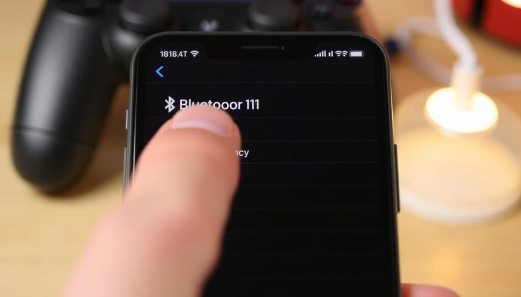 A smartphone screen displaying the iOS 18 settings menu, with the Bluetooth section highlighted. The user's finger is tapping the "Low Latency" toggle switch, surrounded by a warm, subtle glow. The background features a blurred, out-of-focus image of a gaming controller, suggesting the connection to low-latency gaming. The lighting is soft and natural, highlighting the interactivity and user-focused nature of the scene. The overall atmosphere conveys a sense of efficiency, responsiveness, and seamless technological integration. A smartphone screen displaying the iOS 18 settings menu, with the Bluetooth section highlighted. The user's finger is tapping the "Low Latency" toggle switch, surrounded by a warm, subtle glow. The background features a blurred, out-of-focus image of a gaming controller, suggesting the connection to low-latency gaming. The lighting is soft and natural, highlighting the interactivity and user-focused nature of the scene. The overall atmosphere conveys a sense of efficiency, responsiveness, and seamless technological integration.
