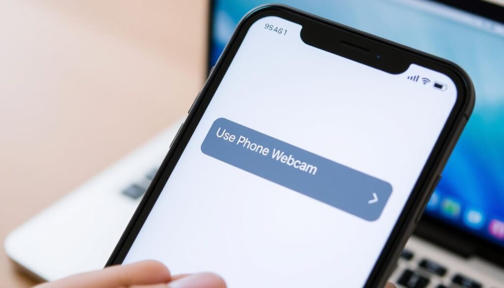 A well-lit, close-up view of a smartphone screen with a simple, intuitive user interface prominently displaying the "Use Phone Webcam" option. The smartphone is held in a neutral, practical position, suggesting effortless connectivity between the mobile device and a laptop or computer in the background. The scene conveys a sense of seamless technological integration, with a clean, modern aesthetic that reflects the article's focus on leveraging smartphone capabilities for remote meetings and video conferencing. A well-lit, close-up view of a smartphone screen with a simple, intuitive user interface prominently displaying the "Use Phone Webcam" option. The smartphone is held in a neutral, practical position, suggesting effortless connectivity between the mobile device and a laptop or computer in the background. The scene conveys a sense of seamless technological integration, with a clean, modern aesthetic that reflects the article's focus on leveraging smartphone capabilities for remote meetings and video conferencing.