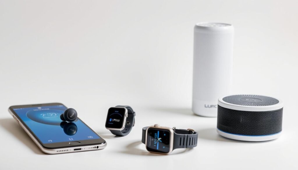 A well-lit, product photography-style image of a variety of Bluetooth-enabled devices, including a smartphone, wireless earbuds, a smartwatch, and a Bluetooth speaker, arranged in a visually appealing layout against a clean, simple background. The devices should be in focus, with realistic textures and materials, and the image should convey a sense of modern, high-quality technology. The lighting should be soft and directional, creating subtle shadows and highlights to accentuate the form and features of the devices. The overall mood should be professional, informative, and focused on the technical capabilities of the Bluetooth devices. A well-lit, product photography-style image of a variety of Bluetooth-enabled devices, including a smartphone, wireless earbuds, a smartwatch, and a Bluetooth speaker, arranged in a visually appealing layout against a clean, simple background. The devices should be in focus, with realistic textures and materials, and the image should convey a sense of modern, high-quality technology. The lighting should be soft and directional, creating subtle shadows and highlights to accentuate the form and features of the devices. The overall mood should be professional, informative, and focused on the technical capabilities of the Bluetooth devices.