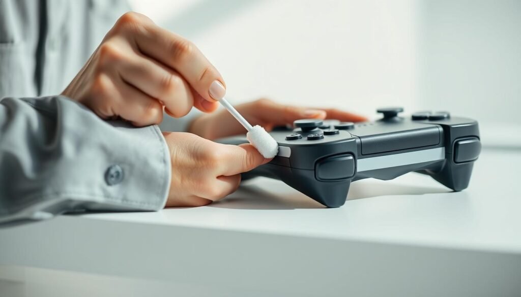A close-up view of a gaming controller resting on a clean, white surface, with a person's hand holding a cotton swab, poised to clean the controller's joystick. The controller features visible wear and tear, emphasizing the necessity of maintenance. Soft, natural lighting illuminates the scene, creating a clean and professional atmosphere. The background is slightly blurred, focusing attention on the controller and the cleaning action. The hand is clad in a simple, modest casual shirt, focusing on the task at hand. The overall mood conveys a sense of diligence and care in maintaining gaming equipment. A close-up view of a gaming controller resting on a clean, white surface, with a person's hand holding a cotton swab, poised to clean the controller's joystick. The controller features visible wear and tear, emphasizing the necessity of maintenance. Soft, natural lighting illuminates the scene, creating a clean and professional atmosphere. The background is slightly blurred, focusing attention on the controller and the cleaning action. The hand is clad in a simple, modest casual shirt, focusing on the task at hand. The overall mood conveys a sense of diligence and care in maintaining gaming equipment.