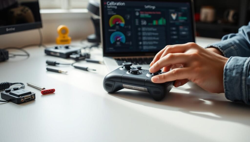 A close-up view of a modern gaming controller on a sleek desk. The controller is connected to a laptop displaying calibration software with colorful graphs and settings, creating a focused atmosphere. In the background, blurred electronic components and tools hint at a tech environment. Natural light streams in from a nearby window, casting a soft glow on the controller. The scene conveys a sense of precision and professionalism, embodying the process of resetting and calibrating technology. A pair of hands in modest casual attire thoughtfully adjusts settings on the laptop, emphasizing a hands-on approach to tech maintenance. The overall mood is calm and focused, ideal for illustrating technical expertise and problem-solving in the world of gaming. A close-up view of a modern gaming controller on a sleek desk. The controller is connected to a laptop displaying calibration software with colorful graphs and settings, creating a focused atmosphere. In the background, blurred electronic components and tools hint at a tech environment. Natural light streams in from a nearby window, casting a soft glow on the controller. The scene conveys a sense of precision and professionalism, embodying the process of resetting and calibrating technology. A pair of hands in modest casual attire thoughtfully adjusts settings on the laptop, emphasizing a hands-on approach to tech maintenance. The overall mood is calm and focused, ideal for illustrating technical expertise and problem-solving in the world of gaming.