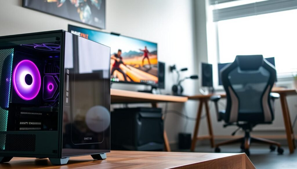 A compact gaming PC setup in a modern desktop environment. In the foreground, an elegant ITX case showcasing its transparent mesh side panel, allowing a glimpse of the internal components, including a powerful RTX 4070 graphics card. The scene is illuminated by soft, ambient RGB lighting that enhances the technological vibe. In the middle ground, there’s a sleek monitor displaying a vibrant gaming scene, with accessories minimalistic yet stylish. The background features a stylish desk with organized gaming paraphernalia and a comfortable ergonomic chair. The overall atmosphere is lively and energetic, reflecting an immersive gaming experience, with a focus on modern aesthetics and efficiency. The lighting is natural, coming from a window, creating a warm yet dynamic feel. A compact gaming PC setup in a modern desktop environment. In the foreground, an elegant ITX case showcasing its transparent mesh side panel, allowing a glimpse of the internal components, including a powerful RTX 4070 graphics card. The scene is illuminated by soft, ambient RGB lighting that enhances the technological vibe. In the middle ground, there’s a sleek monitor displaying a vibrant gaming scene, with accessories minimalistic yet stylish. The background features a stylish desk with organized gaming paraphernalia and a comfortable ergonomic chair. The overall atmosphere is lively and energetic, reflecting an immersive gaming experience, with a focus on modern aesthetics and efficiency. The lighting is natural, coming from a window, creating a warm yet dynamic feel.