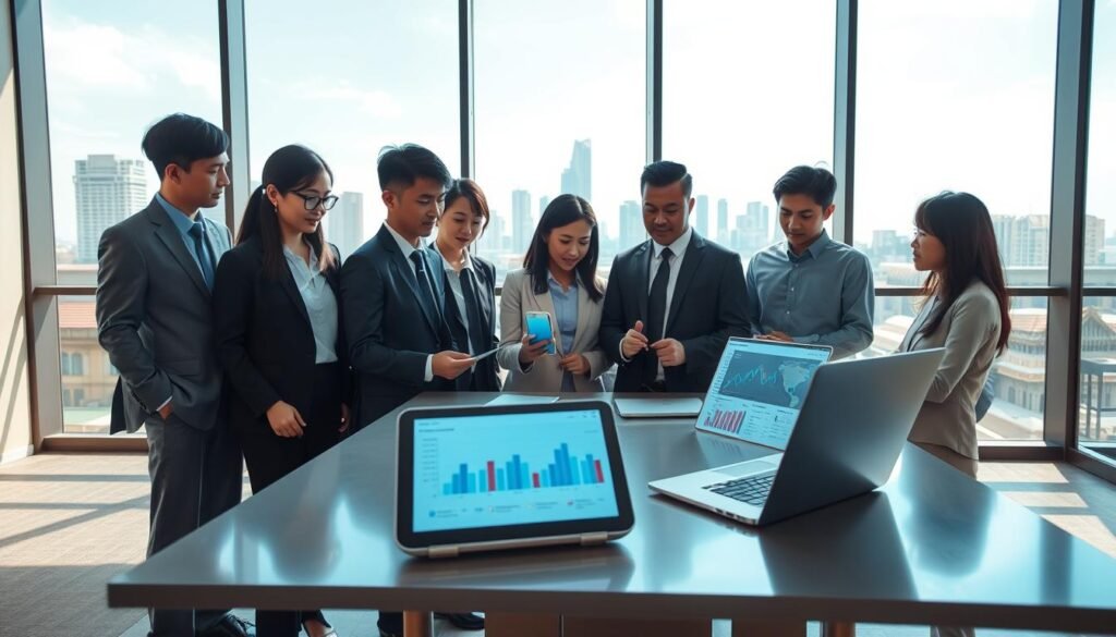A conceptual illustration of "temuan penelitian aplikasi sistem" related to bloatware analysis in Indonesia, showcasing a modern office environment. In the foreground, a diverse group of professionals in business attire examines a mobile device displaying application analytics. The middle ground features a sleek desk with laptops and digital charts detailing app performance metrics. The background includes a large window with a view of an Indonesian cityscape under bright daylight, casting soft shadows across the room. Use a wide-angle lens to capture the collaborative atmosphere. The lighting should be bright and inviting, emphasizing a sense of progress and innovation. The overall mood is analytical and focused, highlighting the importance of research findings in technology. A conceptual illustration of "temuan penelitian aplikasi sistem" related to bloatware analysis in Indonesia, showcasing a modern office environment. In the foreground, a diverse group of professionals in business attire examines a mobile device displaying application analytics. The middle ground features a sleek desk with laptops and digital charts detailing app performance metrics. The background includes a large window with a view of an Indonesian cityscape under bright daylight, casting soft shadows across the room. Use a wide-angle lens to capture the collaborative atmosphere. The lighting should be bright and inviting, emphasizing a sense of progress and innovation. The overall mood is analytical and focused, highlighting the importance of research findings in technology.