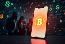 A dark, ominous digital landscape showcasing a deceptive cryptocurrency app. In the foreground, a sleek smartphone displays a vibrant, glowing app interface with a suspicious cryptocurrency symbol, emphasizing its fraudulent nature. The middle ground features shadowy figures in business attire, their faces hidden, engaging with the app, representing the unsuspecting users at risk. The background is a chaotic blend of virtual currency symbols and binary code, creating an atmosphere of uncertainty and danger. The lighting is dim with neon highlights, casting eerie glows on the characters and app, enhancing the mood of threat and alertness. Use a wide-angle lens perspective to capture the intensity of the scene while keeping it safe for work.