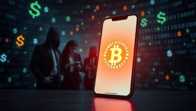 A dark, ominous digital landscape showcasing a deceptive cryptocurrency app. In the foreground, a sleek smartphone displays a vibrant, glowing app interface with a suspicious cryptocurrency symbol, emphasizing its fraudulent nature. The middle ground features shadowy figures in business attire, their faces hidden, engaging with the app, representing the unsuspecting users at risk. The background is a chaotic blend of virtual currency symbols and binary code, creating an atmosphere of uncertainty and danger. The lighting is dim with neon highlights, casting eerie glows on the characters and app, enhancing the mood of threat and alertness. Use a wide-angle lens perspective to capture the intensity of the scene while keeping it safe for work.