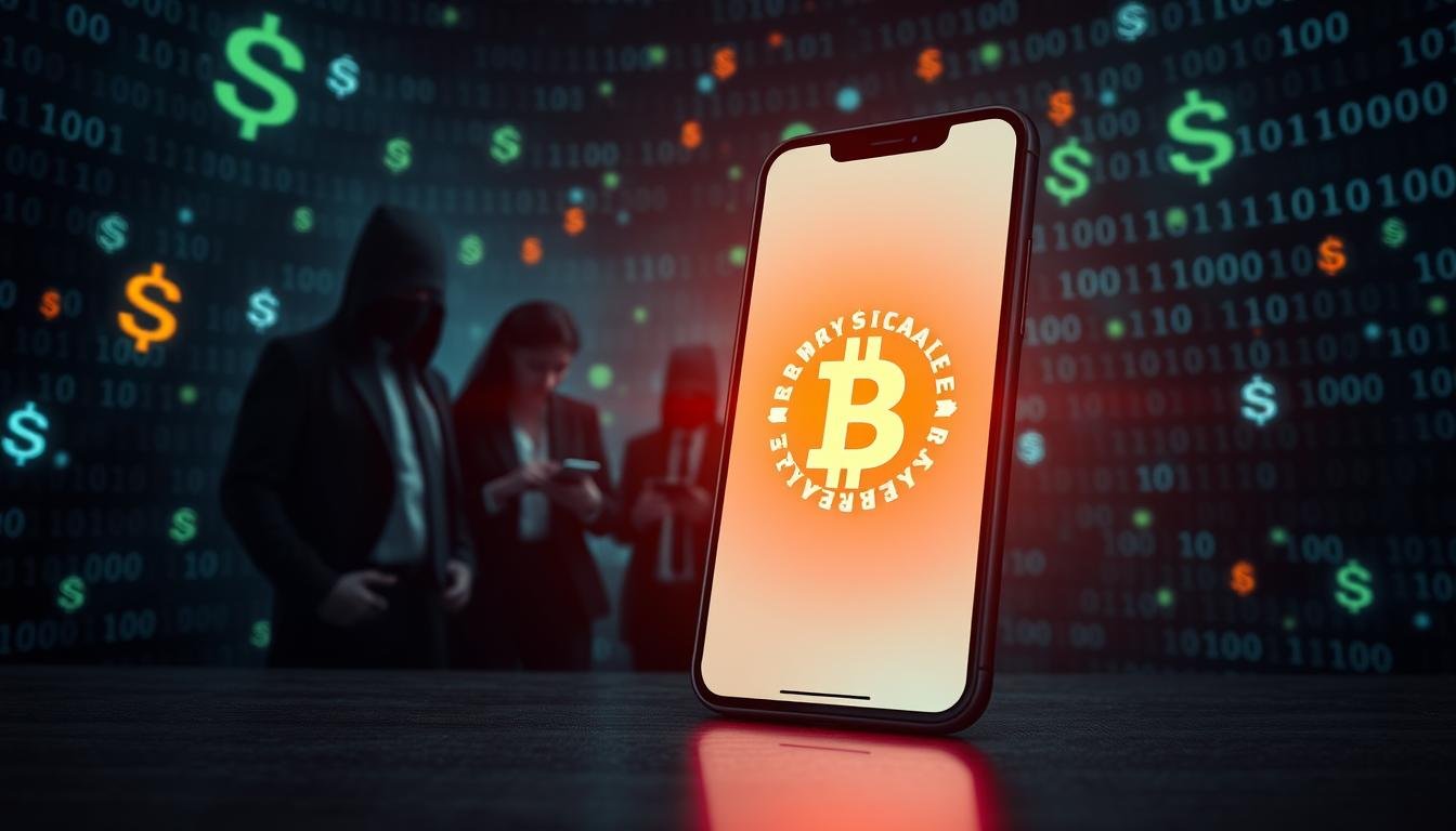 A dark, ominous digital landscape showcasing a deceptive cryptocurrency app. In the foreground, a sleek smartphone displays a vibrant, glowing app interface with a suspicious cryptocurrency symbol, emphasizing its fraudulent nature. The middle ground features shadowy figures in business attire, their faces hidden, engaging with the app, representing the unsuspecting users at risk. The background is a chaotic blend of virtual currency symbols and binary code, creating an atmosphere of uncertainty and danger. The lighting is dim with neon highlights, casting eerie glows on the characters and app, enhancing the mood of threat and alertness. Use a wide-angle lens perspective to capture the intensity of the scene while keeping it safe for work.