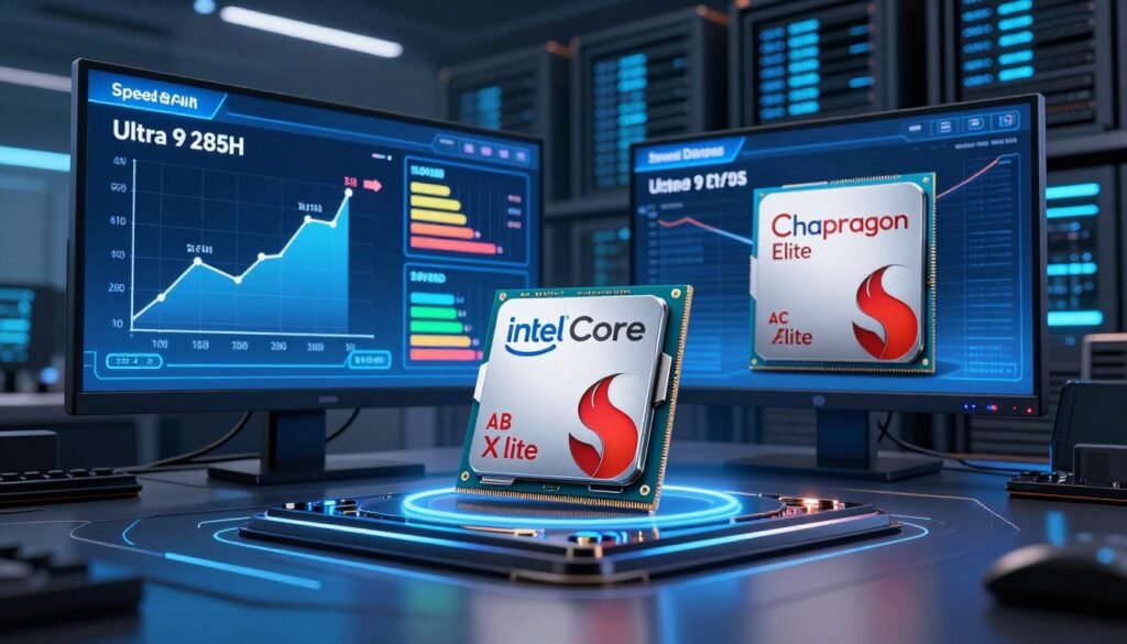 A detailed and visually compelling comparison of two processors: the Intel Core Ultra 9 285H and the Snapdragon X Elite, set in a futuristic tech environment. In the foreground, a sleek, high-tech display showcases the two processor chips, illuminated with cool blue and silver lighting to represent their advanced technology. In the middle ground, vibrant graphical representations of speed and efficiency metrics, such as graphs and charts, highlight their performance in benchmarks with arrows and data points. The background features a blurred data center with glowing servers, enhancing the high-tech atmosphere. Use a wide-angle lens to create depth, with the lighting set to a cool, professional tone, showcasing the processors as symbols of innovation and competition in technology.
