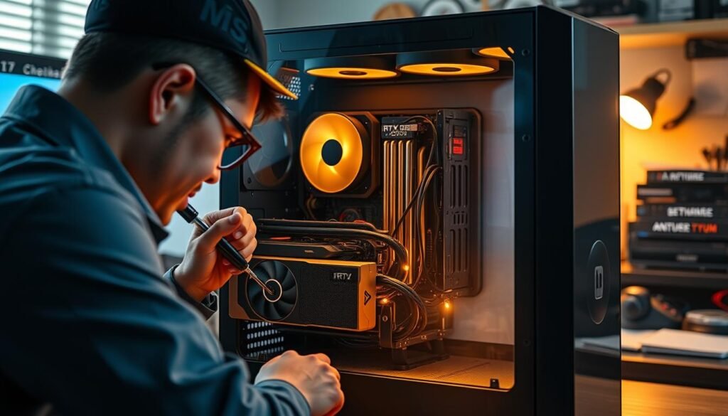 A detailed image of the installation process within a 6.7L compact case, showcasing a well-lit workspace with a modern, sleek case design featuring a glass side panel. In the foreground, highlight a person in professional attire focusing on assembling the components, such as an RTX 4070 GPU and a cooling system, with tools like a screwdriver and anti-static wrist strap placed nearby. The middle ground should depict the interior of the case, clearly showing the arrangement of cables and hardware for an optimal cooling setup. In the background, softly illuminated workstation clutter indicates a tech-savvy environment. Use a warm color palette to create a welcoming atmosphere, with focused lighting on the case interior to emphasize the intricate details of the hardware installation. A detailed image of the installation process within a 6.7L compact case, showcasing a well-lit workspace with a modern, sleek case design featuring a glass side panel. In the foreground, highlight a person in professional attire focusing on assembling the components, such as an RTX 4070 GPU and a cooling system, with tools like a screwdriver and anti-static wrist strap placed nearby. The middle ground should depict the interior of the case, clearly showing the arrangement of cables and hardware for an optimal cooling setup. In the background, softly illuminated workstation clutter indicates a tech-savvy environment. Use a warm color palette to create a welcoming atmosphere, with focused lighting on the case interior to emphasize the intricate details of the hardware installation.