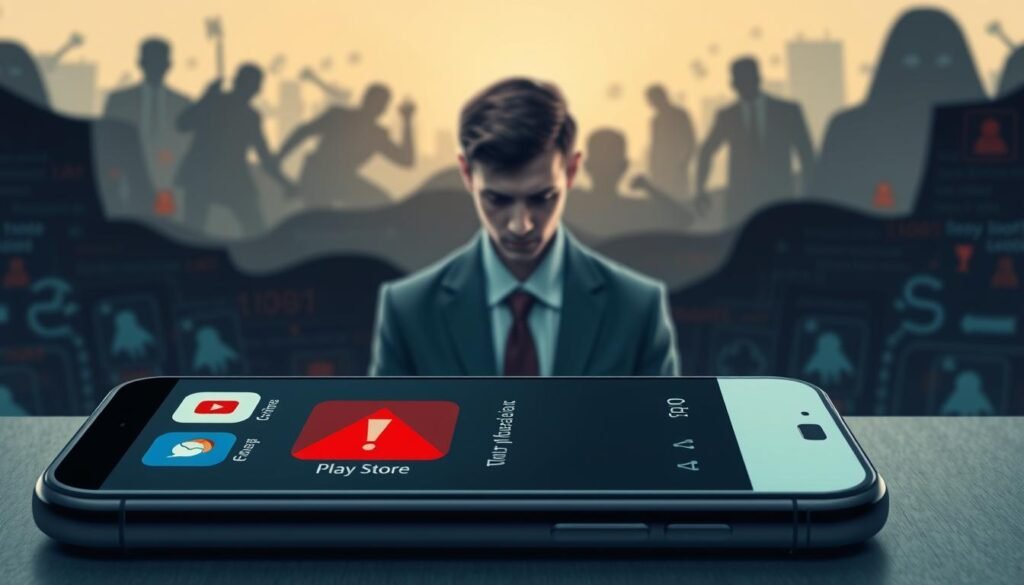 A digital illustration depicting a Play Store interface on a modern smartphone, foregrounding the screen showing various app icons with a focus on a red warning symbol to signify danger. In the middle layer, a blurred figure of a concerned user, dressed in professional business attire, looking at the phone with a furrowed brow, symbolizing awareness and caution. The background features an abstract representation of a digital landscape filled with ominous shadows and silhouettes of malicious code, hinting at the hidden dangers lurking within apps. Soft, eerie lighting enhances the mood, suggesting a sense of urgency and vigilance, while maintaining a clean and polished aesthetic suitable for a professional article.