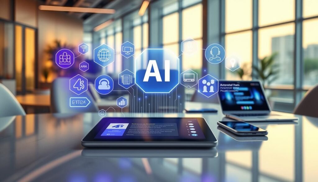 A futuristic digital workspace showcasing a comparison of AI features across different platforms. In the foreground, a sleek tablet displays an automated messaging interface, surrounded by vibrant holographic icons symbolizing various AI tools, each representing a different platform. The middle ground features an elegant desk with modern technology like laptops and smartphones, their screens glowing with diverse AI functionalities, including text generation and voice commands. The background consists of a high-tech office environment with large windows, letting in soft, warm daylight that enhances the sophisticated atmosphere. The overall mood is innovative and collaborative, emphasizing the exciting advancements in artificial intelligence. The scene is captured with a wide-angle lens to create depth, ensuring clarity and focus on the technology without any text or branding elements.