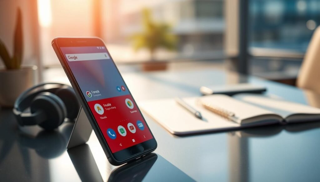 A modern Google Pixel smartphone displaying its sleek user interface, showcasing essential software features in vibrant colors. In the foreground, focus on the smartphone tilted slightly, reflecting light with a glossy finish. The middle ground features a blurred stylish workspace with a minimalistic desk, including tech accessories like headphones and a notebook, creating a tech-savvy ambiance. The background shows a soft-focus urban environment, suggesting a contemporary lifestyle. Use natural lighting to create a warm, inviting feel, highlighting the device's design and UI elements. The overall atmosphere should embody innovation and simplicity, emphasizing the efficiency of Google Pixel's software experience in everyday use.