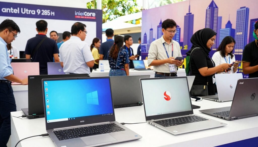 A modern, bustling laptop market scene in Indonesia, showcasing a variety of laptops on display. In the foreground, a sleek Intel Core Ultra 9 285H and a stylish Snapdragon X Elite laptop are prominently featured side by side, with high-quality reflections on their surfaces. The middle layer includes diverse shoppers, dressed in professional attire, engaging with technology and discussing features. Bright, natural lighting creates an inviting atmosphere, highlighting the vibrant colors of each laptop. In the background, banners display market trends and future prospects for Indonesian laptop users, with silhouettes of skyscrapers suggesting an urban setting. The overall mood is energetic and focused, emphasizing technological advancements and consumer activity in Indonesia's laptop market.