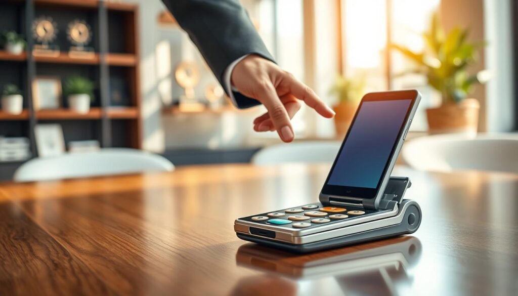 A modern flip phone, elegantly designed with a sleek metallic finish and a vibrant, foldable touchscreen, sits prominently on a polished wooden table. The foreground features the smartphone slightly open, displaying its interactive interface, while in the middle ground, a hand reaches to interact with the device, clad in a stylish, professional business suit. In the background, a contemporary office environment is visible, with soft-focus shelves displaying technology awards and plants, bathed in warm, natural lighting from large windows. The atmosphere conveys innovation and nostalgia, capturing the essence of the revival of flip phones in a modern context. The image should maintain a clean and professional aesthetic, free from any text or branding. A modern flip phone, elegantly designed with a sleek metallic finish and a vibrant, foldable touchscreen, sits prominently on a polished wooden table. The foreground features the smartphone slightly open, displaying its interactive interface, while in the middle ground, a hand reaches to interact with the device, clad in a stylish, professional business suit. In the background, a contemporary office environment is visible, with soft-focus shelves displaying technology awards and plants, bathed in warm, natural lighting from large windows. The atmosphere conveys innovation and nostalgia, capturing the essence of the revival of flip phones in a modern context. The image should maintain a clean and professional aesthetic, free from any text or branding.