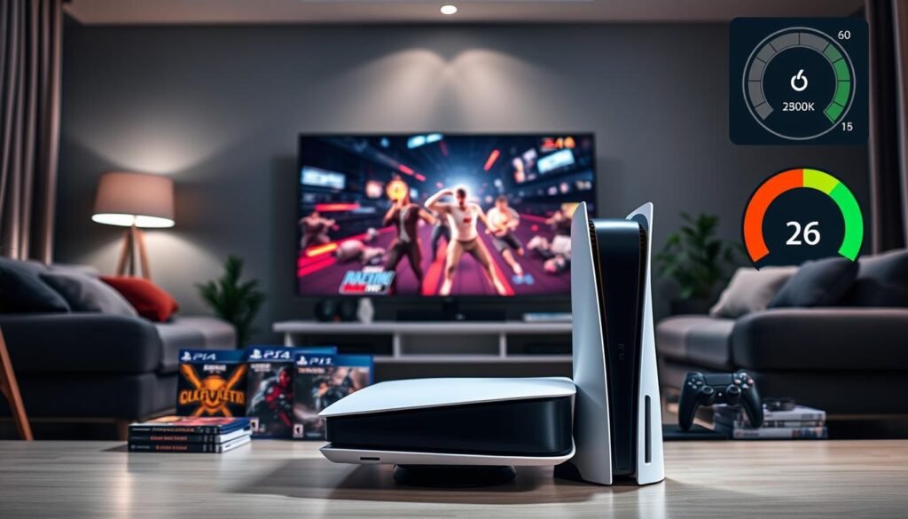 A modern gaming setup featuring a PlayStation 5 Model CFI-1300 in a stylish living room environment. The PS5 is shown prominently in the foreground, surrounded by vibrant game cases and gaming accessories. In the middle ground, a sleek flat-screen TV displays a high-action game scene, emphasizing gaming electricity consumption. The background features a cozy yet tech-savvy ambiance, with dimmed ambient lighting that creates a focused atmosphere. Include a temperature gauge and power meter subtly in the corner, indicating energy consumption levels. The scene is well-lit with soft backlighting to highlight the PS5, capturing a mood of excitement and intensity associated with gaming while being informative. The angle is slightly elevated, showcasing the PS5’s sleek design within an engaging context. A modern gaming setup featuring a PlayStation 5 Model CFI-1300 in a stylish living room environment. The PS5 is shown prominently in the foreground, surrounded by vibrant game cases and gaming accessories. In the middle ground, a sleek flat-screen TV displays a high-action game scene, emphasizing gaming electricity consumption. The background features a cozy yet tech-savvy ambiance, with dimmed ambient lighting that creates a focused atmosphere. Include a temperature gauge and power meter subtly in the corner, indicating energy consumption levels. The scene is well-lit with soft backlighting to highlight the PS5, capturing a mood of excitement and intensity associated with gaming while being informative. The angle is slightly elevated, showcasing the PS5’s sleek design within an engaging context.