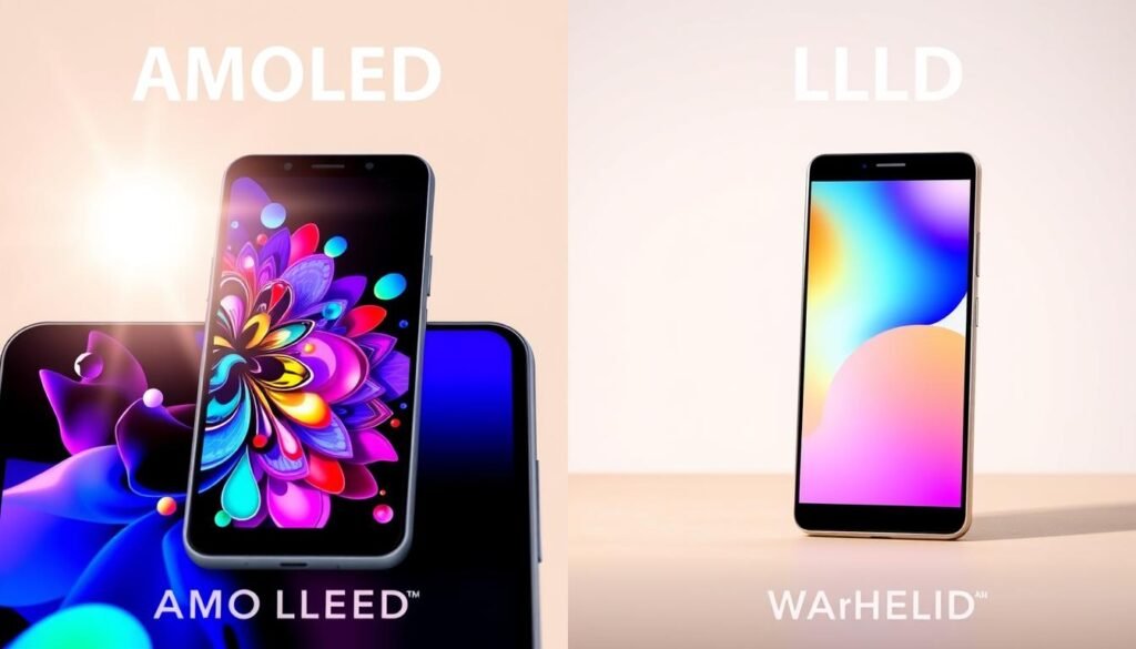 A split-screen illustration comparing AMOLED and LCD smartphone displays. On the left, an AMOLED screen showcases vibrant colors with deep blacks, enhanced contrast, and a smartphone displaying an intricate, colorful digital wallpaper. Bright lighting highlights the screen’s clarity and vividness. On the right, an LCD screen shows bright, true-to-life colors with a slightly washed-out effect, along with a smartphone displaying a simpler, softer wallpaper. The background is a neutral, softly lit environment, emphasizing the devices. Capture the difference in display technology through a close-up perspective, focusing on the pixels and color vibrancy. The atmosphere should be informative and engaging, providing a clear visual distinction between both screen types, serving as a clear educational reference. A split-screen illustration comparing AMOLED and LCD smartphone displays. On the left, an AMOLED screen showcases vibrant colors with deep blacks, enhanced contrast, and a smartphone displaying an intricate, colorful digital wallpaper. Bright lighting highlights the screen’s clarity and vividness. On the right, an LCD screen shows bright, true-to-life colors with a slightly washed-out effect, along with a smartphone displaying a simpler, softer wallpaper. The background is a neutral, softly lit environment, emphasizing the devices. Capture the difference in display technology through a close-up perspective, focusing on the pixels and color vibrancy. The atmosphere should be informative and engaging, providing a clear visual distinction between both screen types, serving as a clear educational reference.