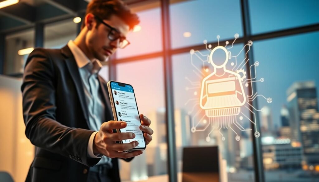 A vibrant modern workspace featuring a sleek smartphone displaying an AI-powered messaging app interface. In the foreground, a professional individual in business attire interacts with the phone, showcasing features like automatic message generation. The middle ground highlights a futuristic digital assistant hologram, visually representing artificial intelligence at work, with glowing circuits and data streams. The background reveals a cityscape through a large glass window, bathed in soft, natural light suggesting productivity and innovation. The atmosphere is dynamic and empowering, emphasizing the seamless integration of AI into everyday tasks. The scene should evoke a sense of collaboration between technology and human ingenuity, capturing the essence of optimizing AI features for better communication.