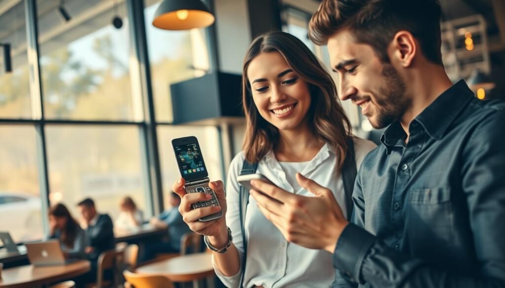 A vibrant scene showcasing a sleek, modern flip phone being used in a lively coffee shop setting. In the foreground, a young professional, dressed in smart casual attire, excitedly showing the phone to a friend, highlighting its design and functionality. The friend, equally intrigued, leans in to take a closer look at the phone's screen. In the middle ground, other customers engaged in conversations and working on laptops reflect the social aspect of technology. The background features large windows letting in warm, soft sunlight that casts gentle shadows, creating an inviting atmosphere. The overall mood is lively and dynamic, emphasizing the role of social media in reviving interest in flip phones, with a cinematic angle that captures the excitement of this new technology trend. A vibrant scene showcasing a sleek, modern flip phone being used in a lively coffee shop setting. In the foreground, a young professional, dressed in smart casual attire, excitedly showing the phone to a friend, highlighting its design and functionality. The friend, equally intrigued, leans in to take a closer look at the phone's screen. In the middle ground, other customers engaged in conversations and working on laptops reflect the social aspect of technology. The background features large windows letting in warm, soft sunlight that casts gentle shadows, creating an inviting atmosphere. The overall mood is lively and dynamic, emphasizing the role of social media in reviving interest in flip phones, with a cinematic angle that captures the excitement of this new technology trend.