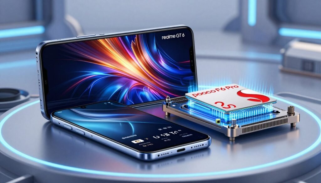 A detailed and dynamic composition featuring a high-tech benchmark analysis of the Snapdragon chipset. In the foreground, a sleek and modern smartphone (POCO F6 Pro) showcases its specs on a digital screen, with performance metrics highlighted. Beside it, a sophisticated cooling system, designed for efficient heat dissipation, emphasizes its high-performance capabilities. The middle layer includes a contrasting smartphone (Realme GT 6), displaying vibrant graphics that reflect its own specifications. The background is a blurred, futuristic tech environment, suggesting innovation and technology advancement. Soft blue and white LED lighting illuminates the scene, creating a high-tech, competitive atmosphere. Use a shallow depth of field with a slight angle to enhance focus on the smartphones and cooling systems, inviting viewers to engage with their advanced engineering.