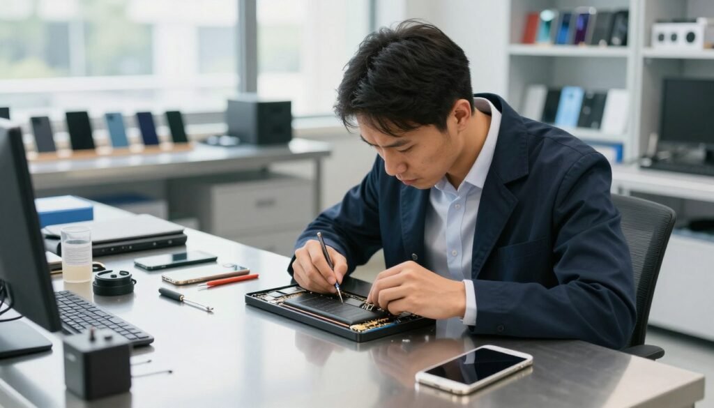 A skilled technician in a modern, well-lit service center, carefully replacing the battery of an iPhone on a sleek, stainless steel workbench. The technician is wearing professional business attire, focused on the intricate details of the device, with tools neatly arranged beside them. The background features shelves with various smartphone components, and a large window allowing natural light to illuminate the scene, creating a bright, inviting atmosphere. The composition is shot from a slightly elevated angle, capturing both the technician's concentration and the precision of the battery replacement process, conveying a sense of professionalism and technological expertise. A skilled technician in a modern, well-lit service center, carefully replacing the battery of an iPhone on a sleek, stainless steel workbench. The technician is wearing professional business attire, focused on the intricate details of the device, with tools neatly arranged beside them. The background features shelves with various smartphone components, and a large window allowing natural light to illuminate the scene, creating a bright, inviting atmosphere. The composition is shot from a slightly elevated angle, capturing both the technician's concentration and the precision of the battery replacement process, conveying a sense of professionalism and technological expertise.