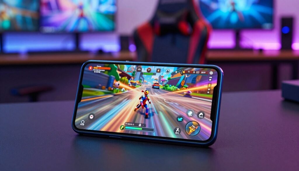 A sleek Performa Gaming Galaxy M55 smartphone prominently displayed in the foreground, showcasing its vibrant display with a popular mobile game in action. The device is angled slightly to reveal both the screen and the stylish profile of the phone. In the middle ground, a dynamic gaming environment filled with colorful graphics and motion blur emphasizes the immersive experience. The background features a softly lit gaming space, including a modern desk setup with ambient RGB lighting, creating an energetic yet focused atmosphere. The scene is illuminated with soft, diffused lighting to evoke excitement, captured from a slightly elevated angle that highlights the gaming experience. The overall mood conveys excitement and engagement, perfect for highlighting the gaming capability of the Galaxy M55.