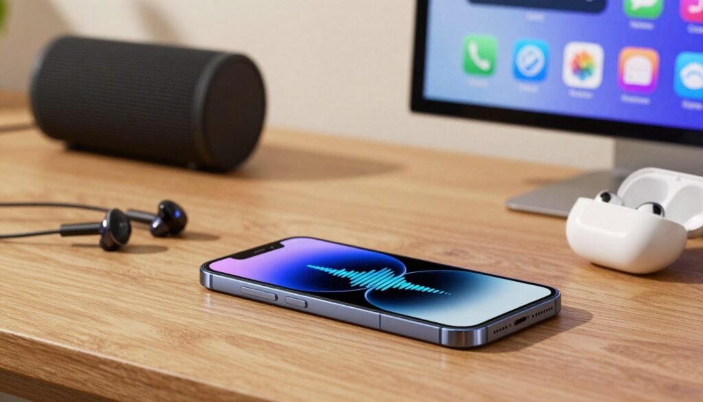 A sleek and modern smartphone sitting on a wooden table, showcasing its advanced audio features and additional functionalities. In the foreground, the smartphone is angled to reveal its vibrant display, with soundwave graphics illustrating high-quality audio output. Nearby, there are wired and wireless headphones, highlighting the audio capabilities. The middle background features a subtle gadget setup, including a portable Bluetooth speaker and an array of app icons representing features like haptics and customizable settings. Soft, warm lighting enhances the scene, creating a tech-savvy and inviting atmosphere. The background hints at a minimalist workspace, evoking a mood of innovation and modernity, perfect for gadget enthusiasts.